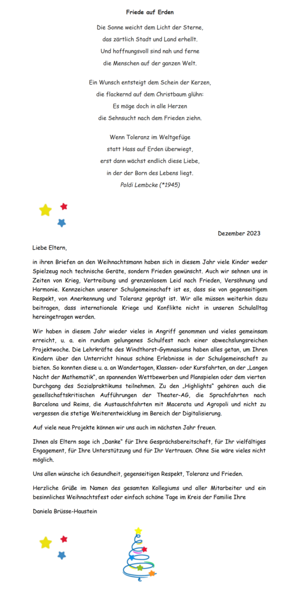 Mehr über den Artikel erfahren Weihnachtsbrief von Frau Brüsse-Haustein